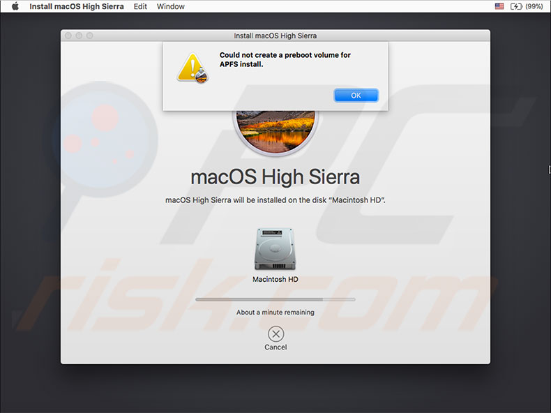 mac os high sierra could not create a preboot volume for apfs install